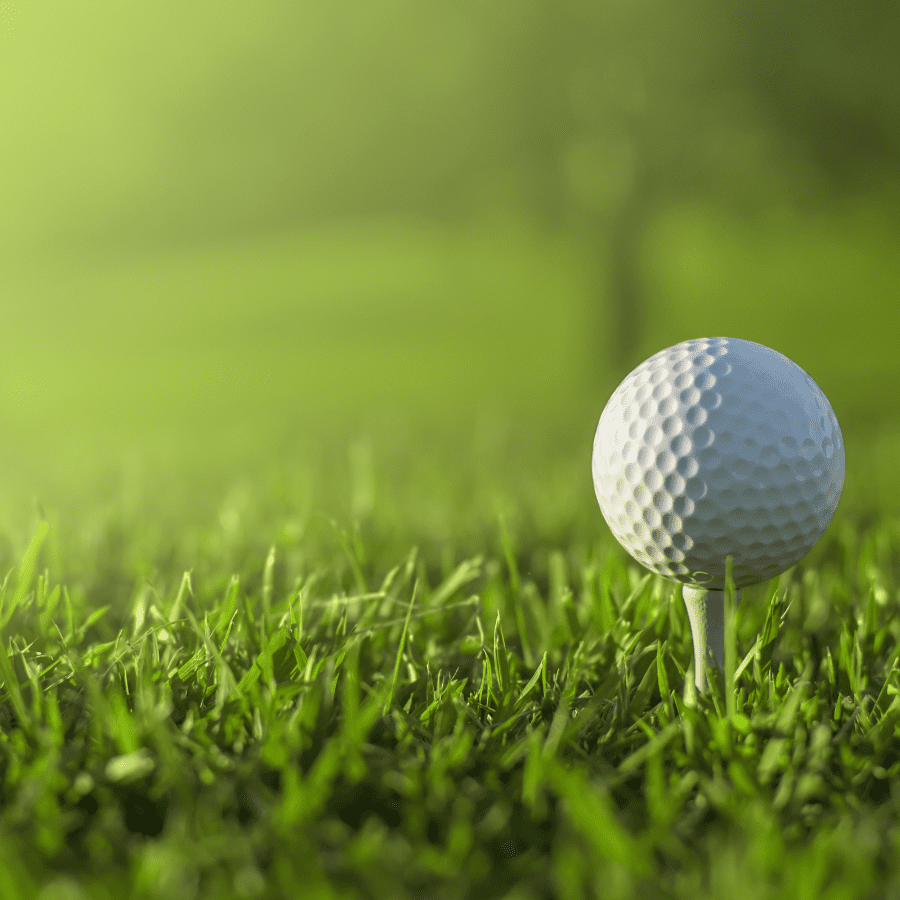 Golf ball on a tee in a field of grass.